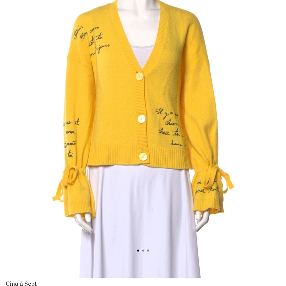 cinq a sept Yellow V-Neck Button Cardigan Sweater with Script and Tie Cuffs